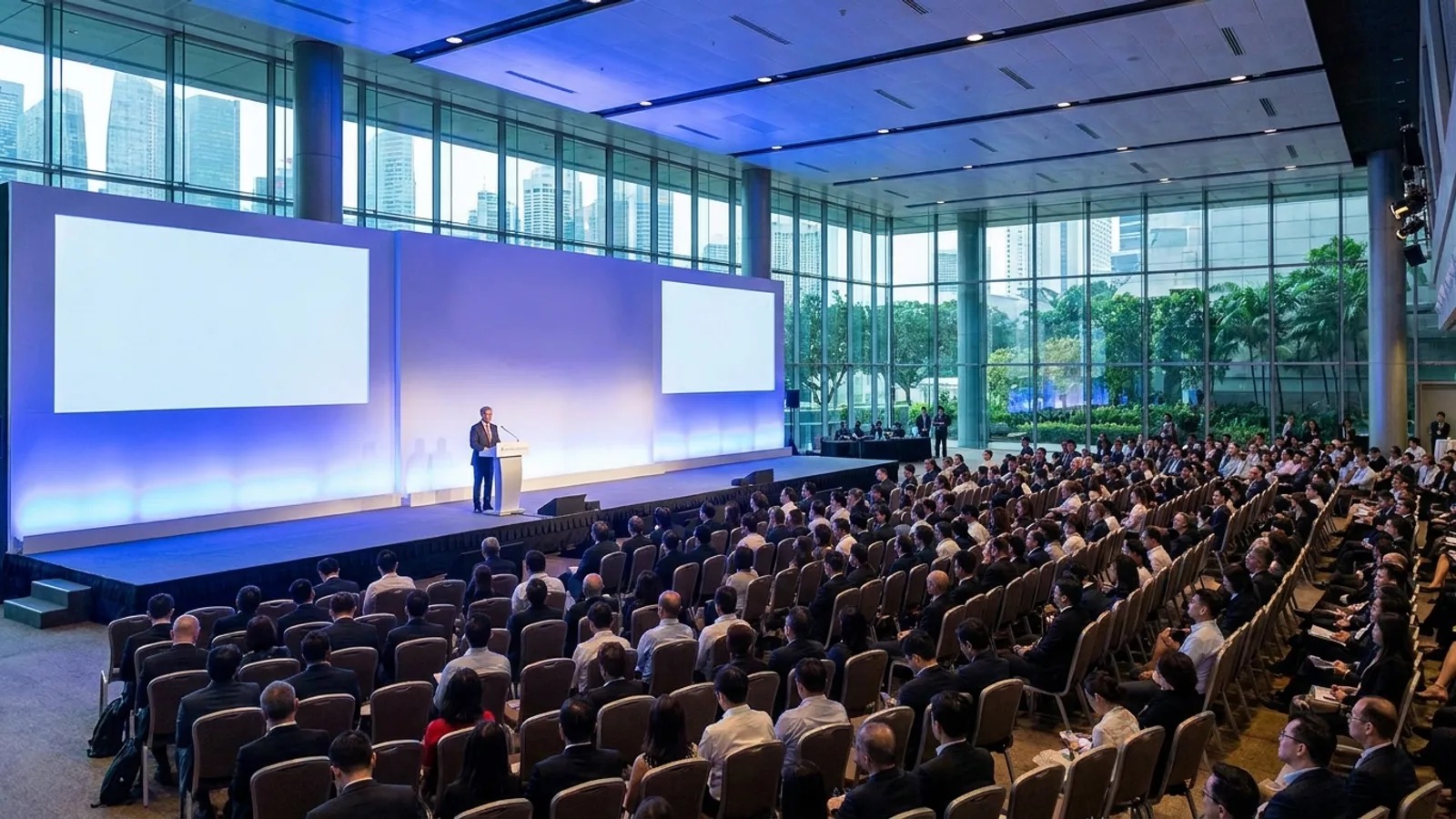 Conference audience attending a keynote presentation in a large modern venue